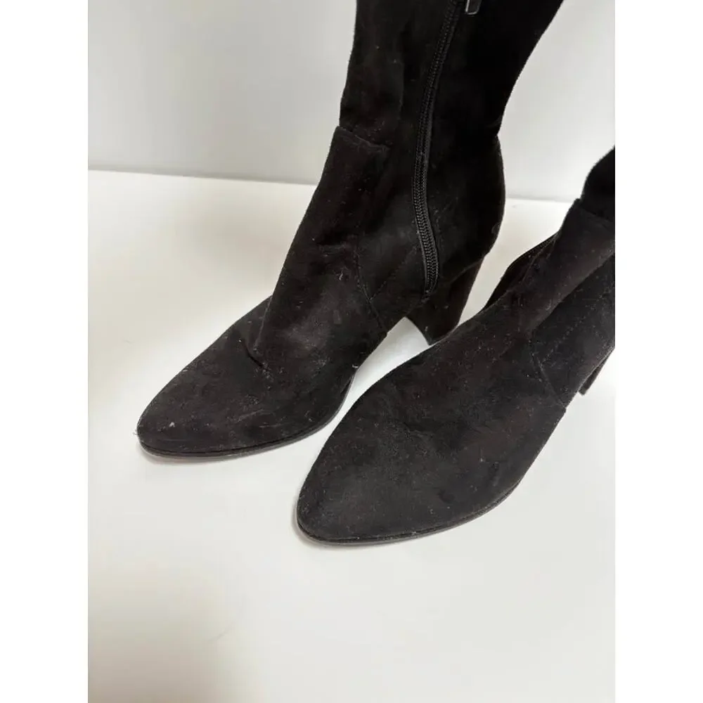 Marc Fisher Black Suede Knee High Boots Wide Calf Side Zip Pointed Toe 7